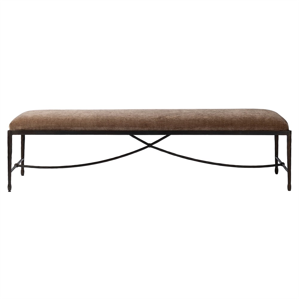 brown velvet upholstered bench with metal legs