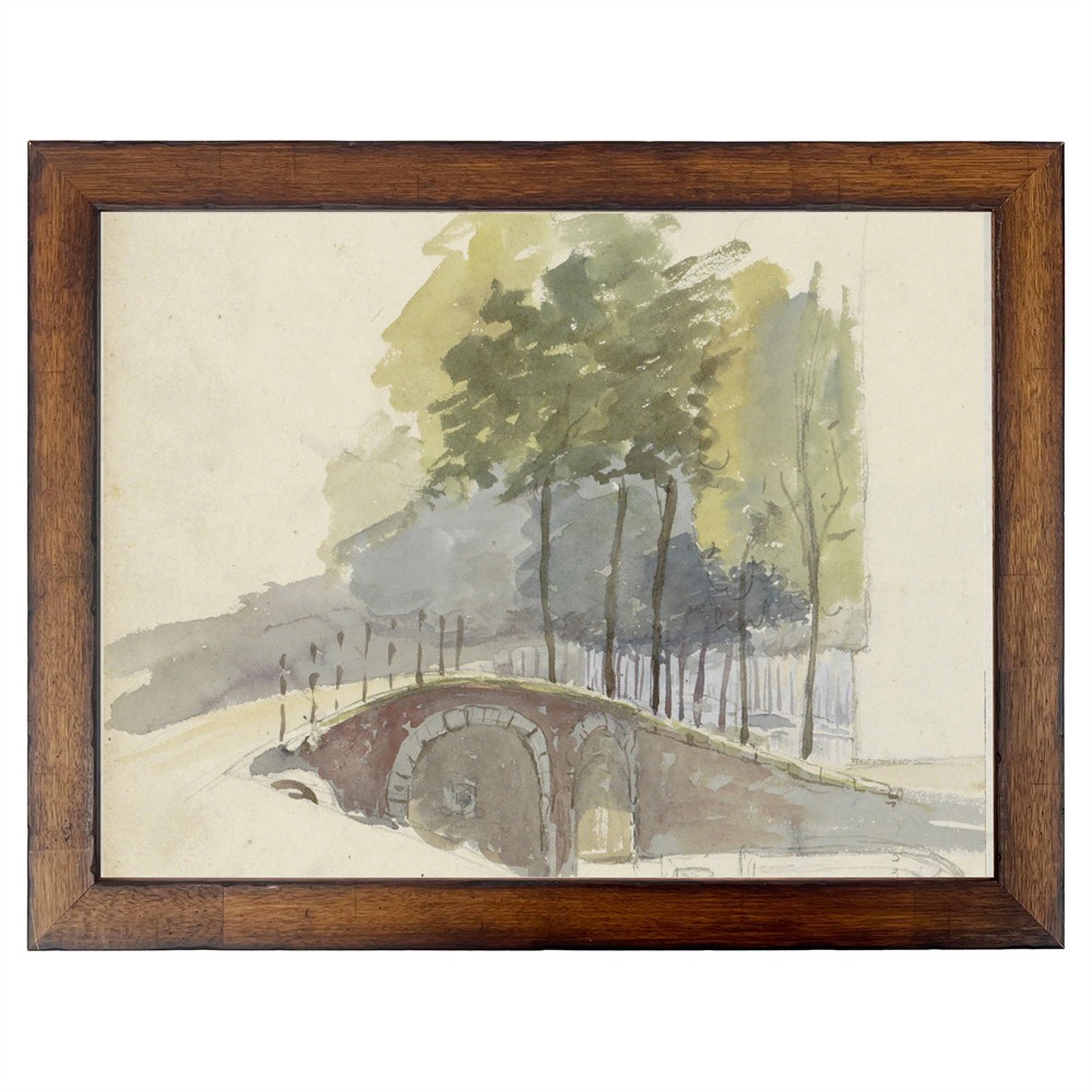 Watercolor Painting of trees and a bridge in a brown wood frame