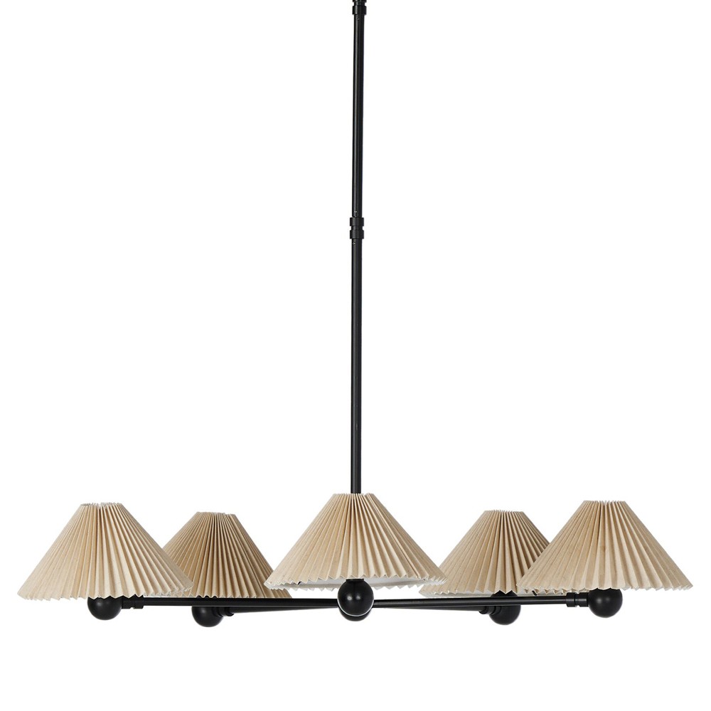 black metal chandelier with five pleated lamp shades