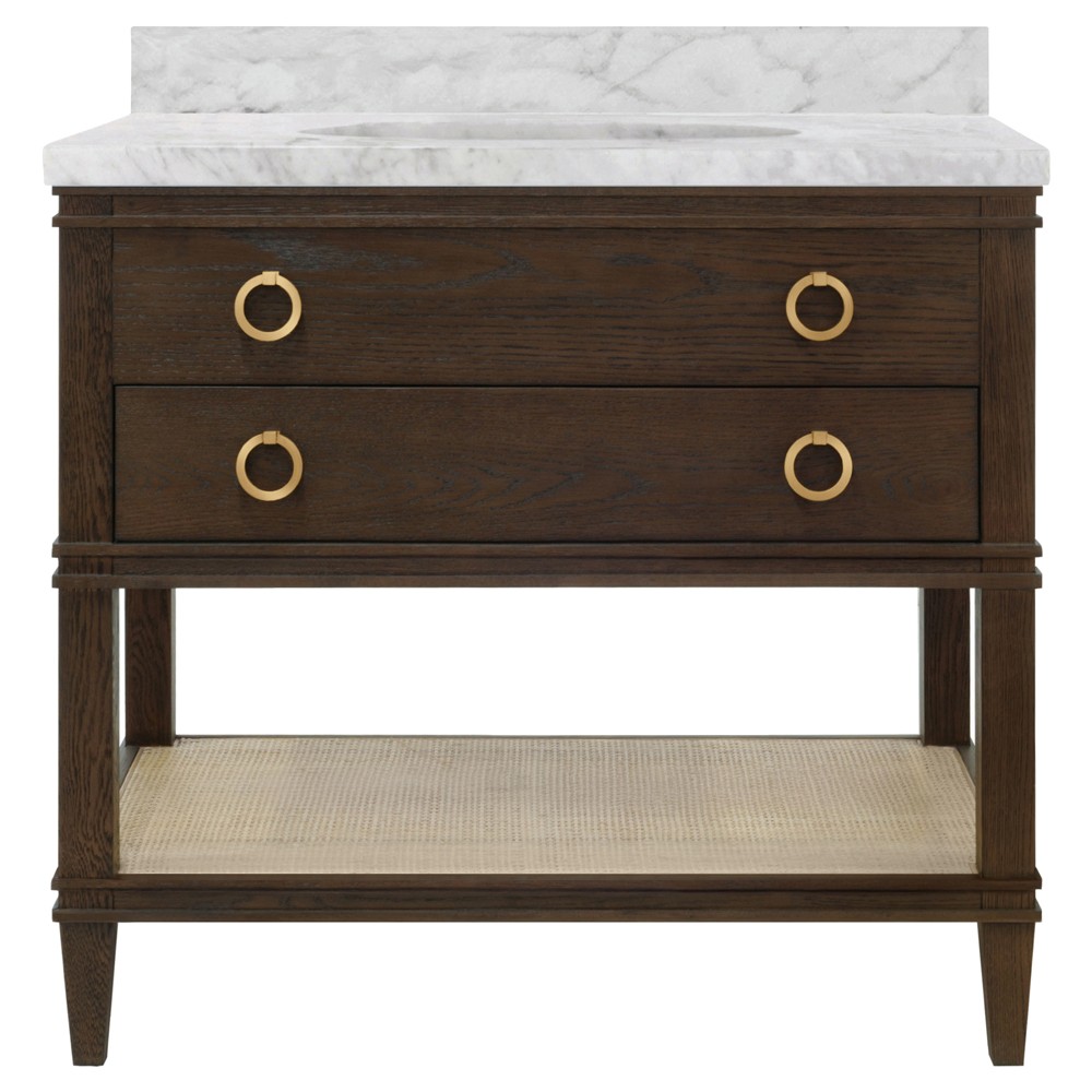 oak bathroom vanity sink with marble top and cane shelf