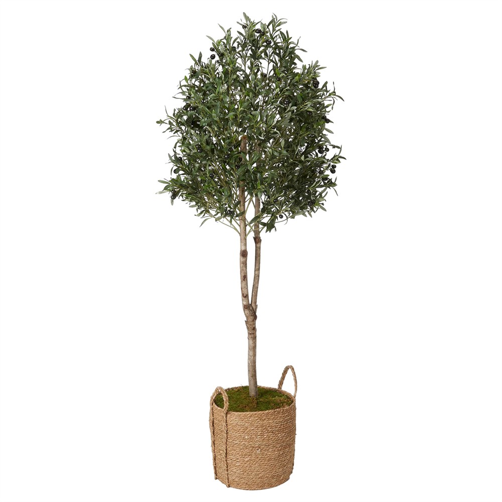 faux olive tree in basket with handles