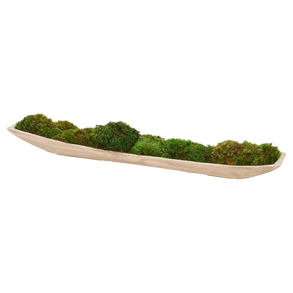 Green moss tabletop decor in a brown wood vessel