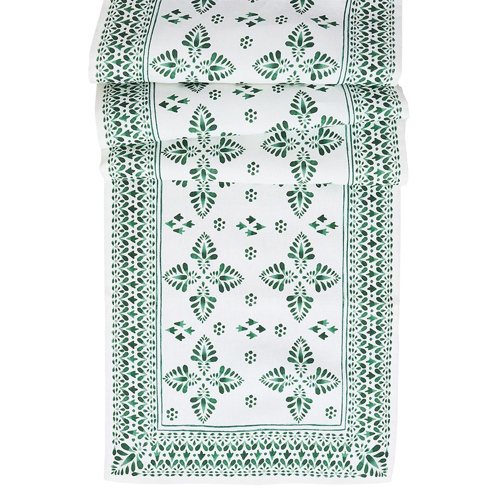 Juliska green and white evergreen linen table runner