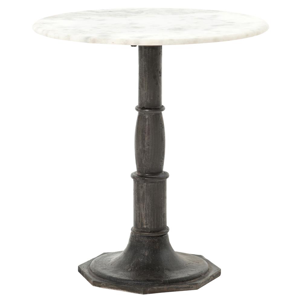 white marble and black iron pedestal table