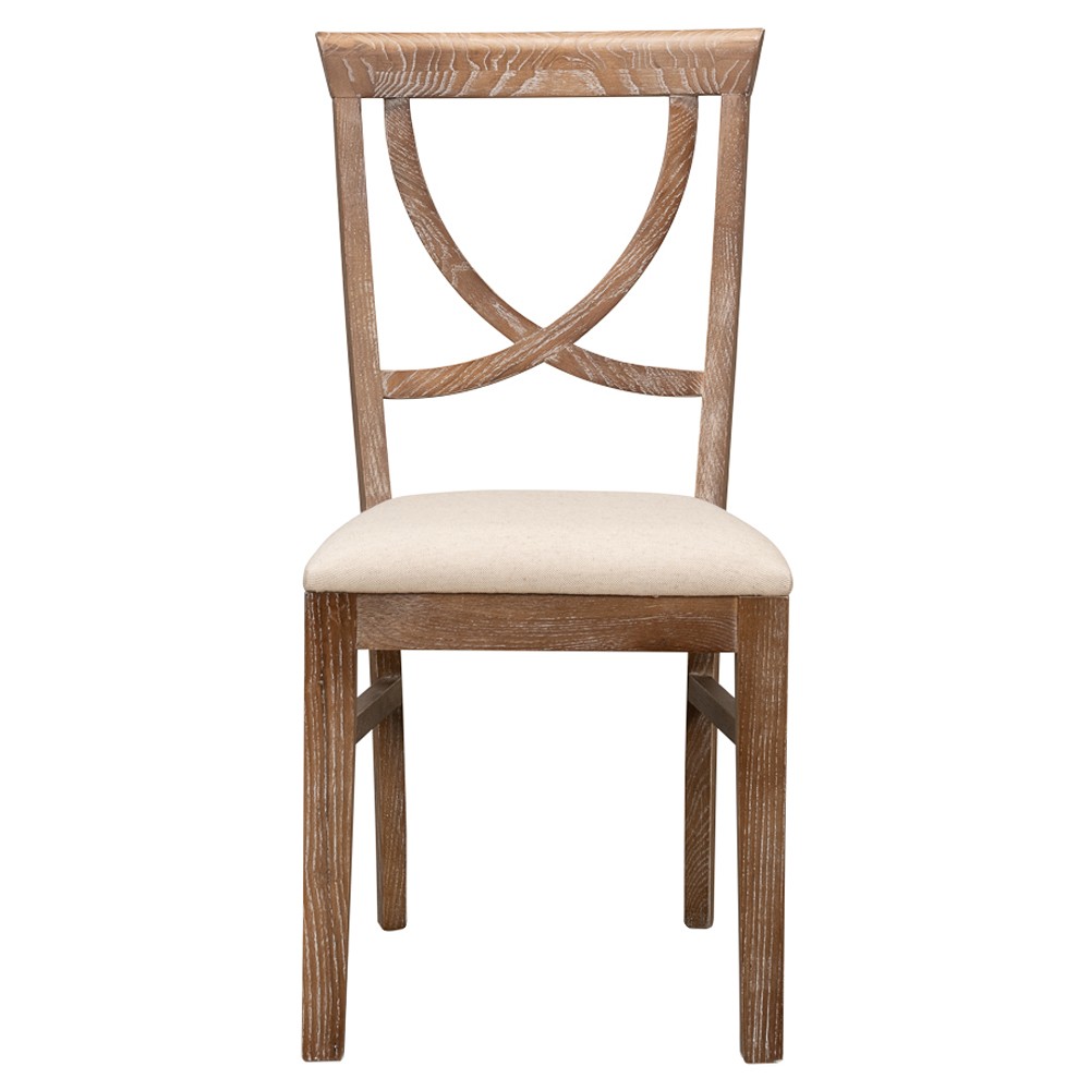 whitewashed oak wood dining chair with beige linen upholstery