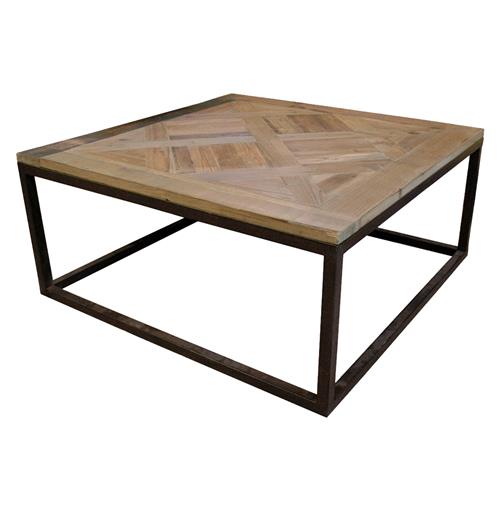 Gramercy Modern Rustic Reclaimed Parquet Wood Iron Coffee Table