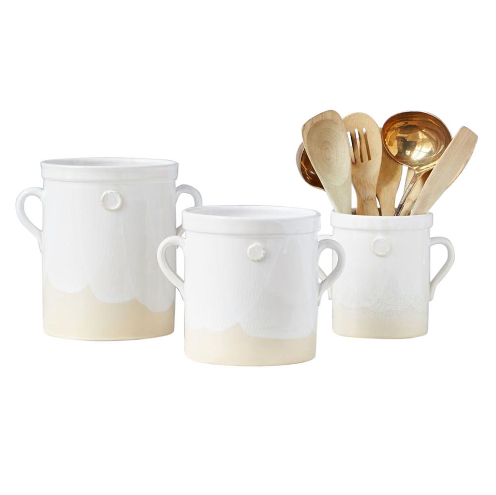 set of three ceramic crocks with utensils