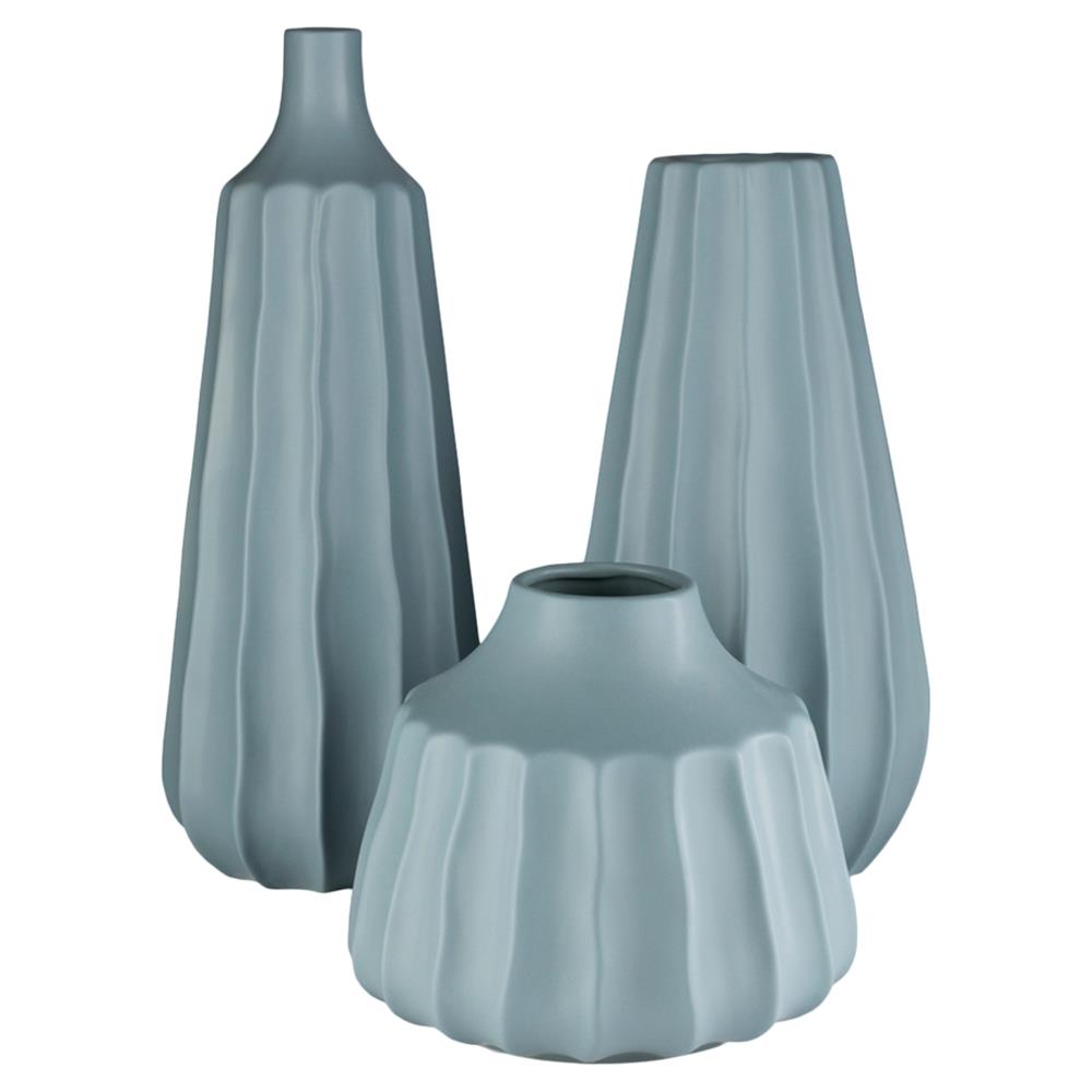 Santiago Modern Classic Blue Ridged Ceramic Outdoor Vases - Set of 3