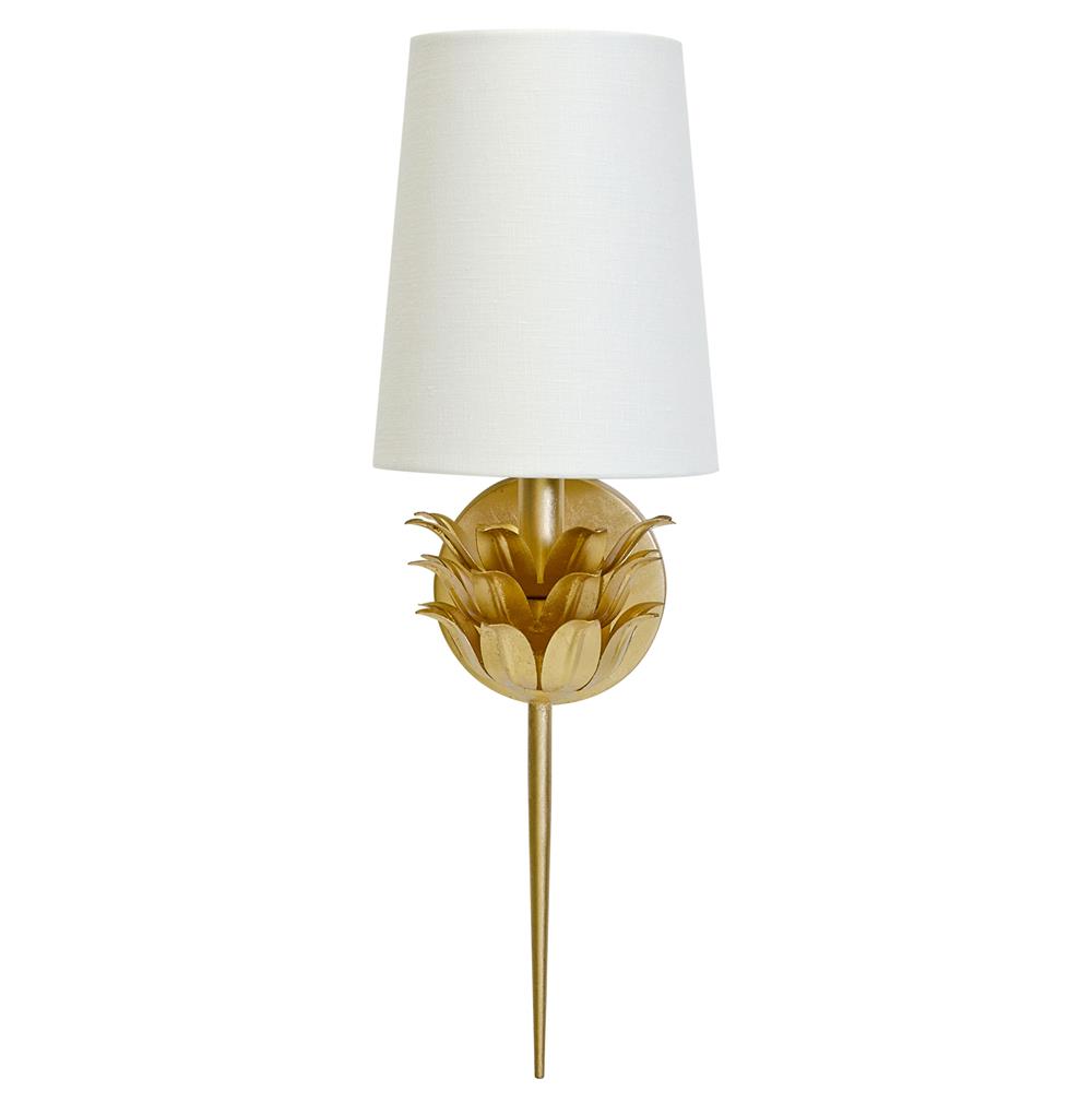 gold sconce with tapered white lamp shade