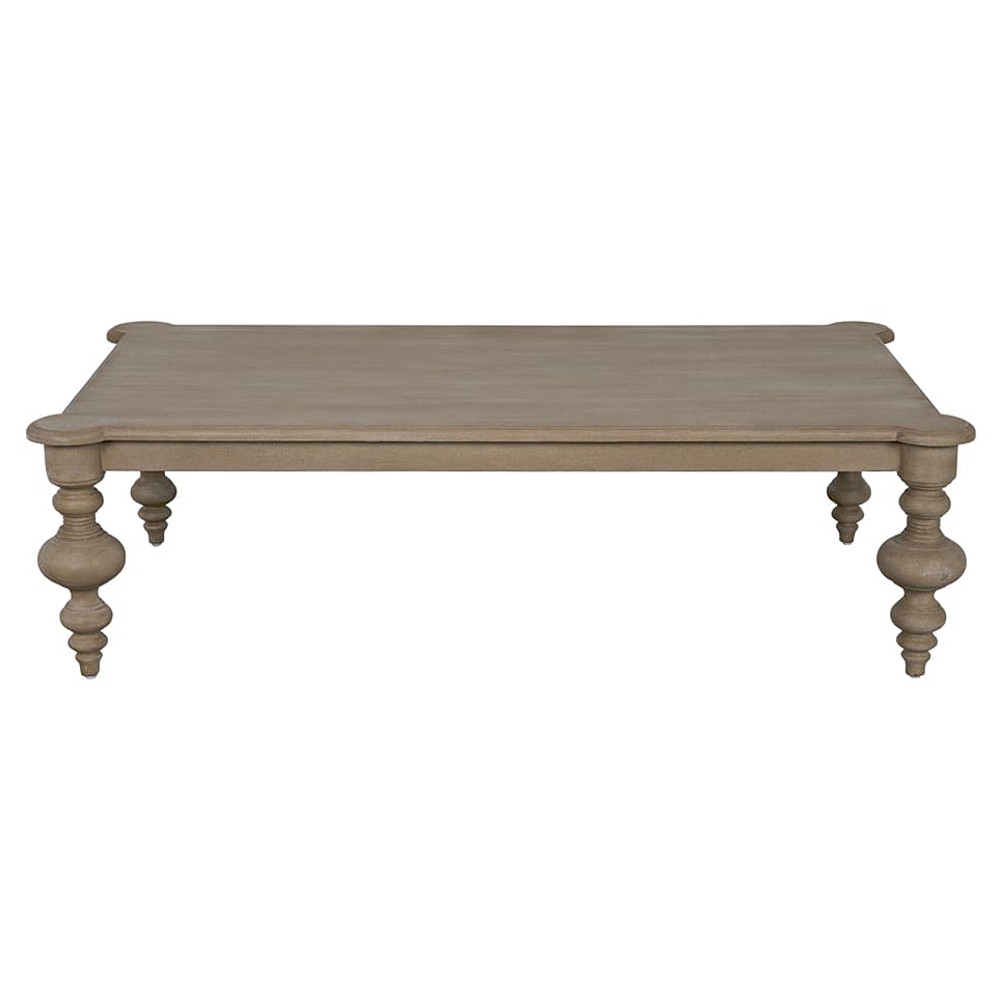 weathered wood rectangular coffee table with turned legs