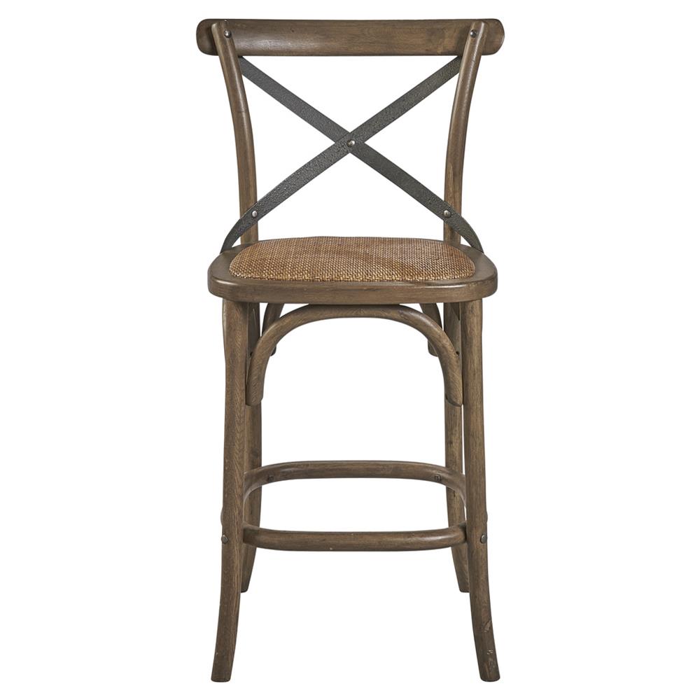 brown oak counter stool with iron cross back