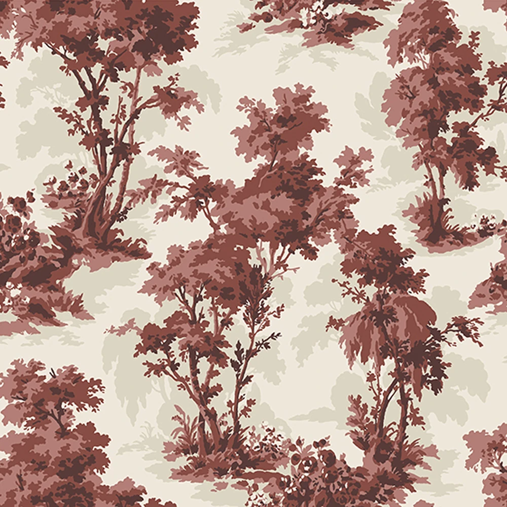 red botanical wallpaper with cream background