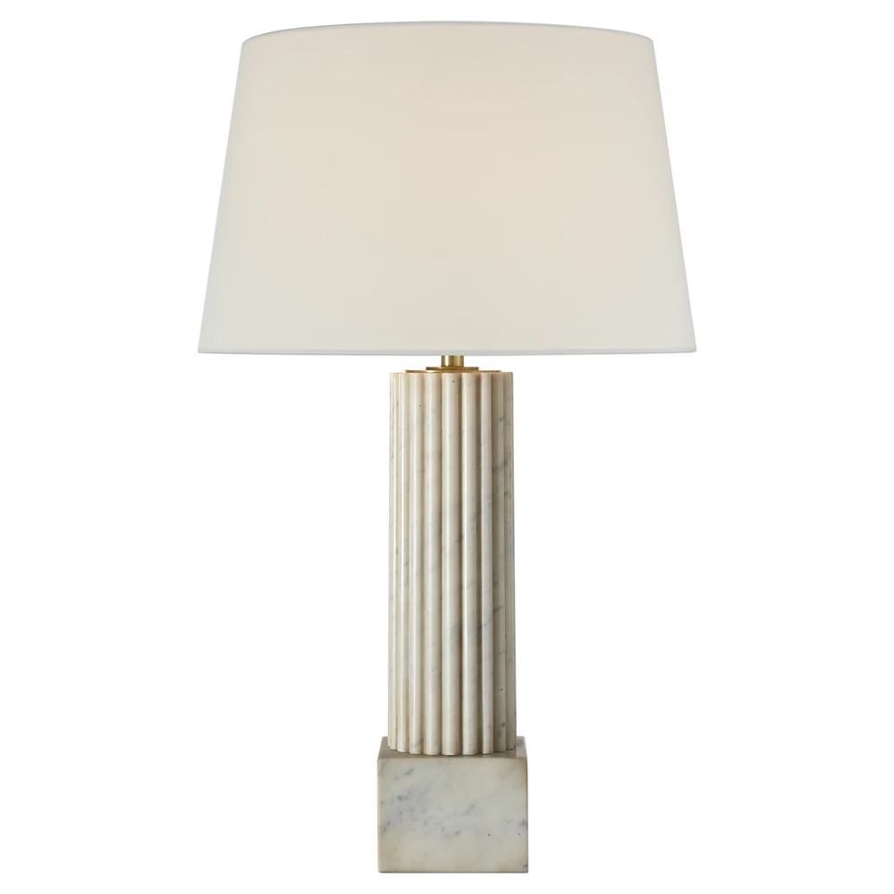 ribbed marble base table lamp with white shade