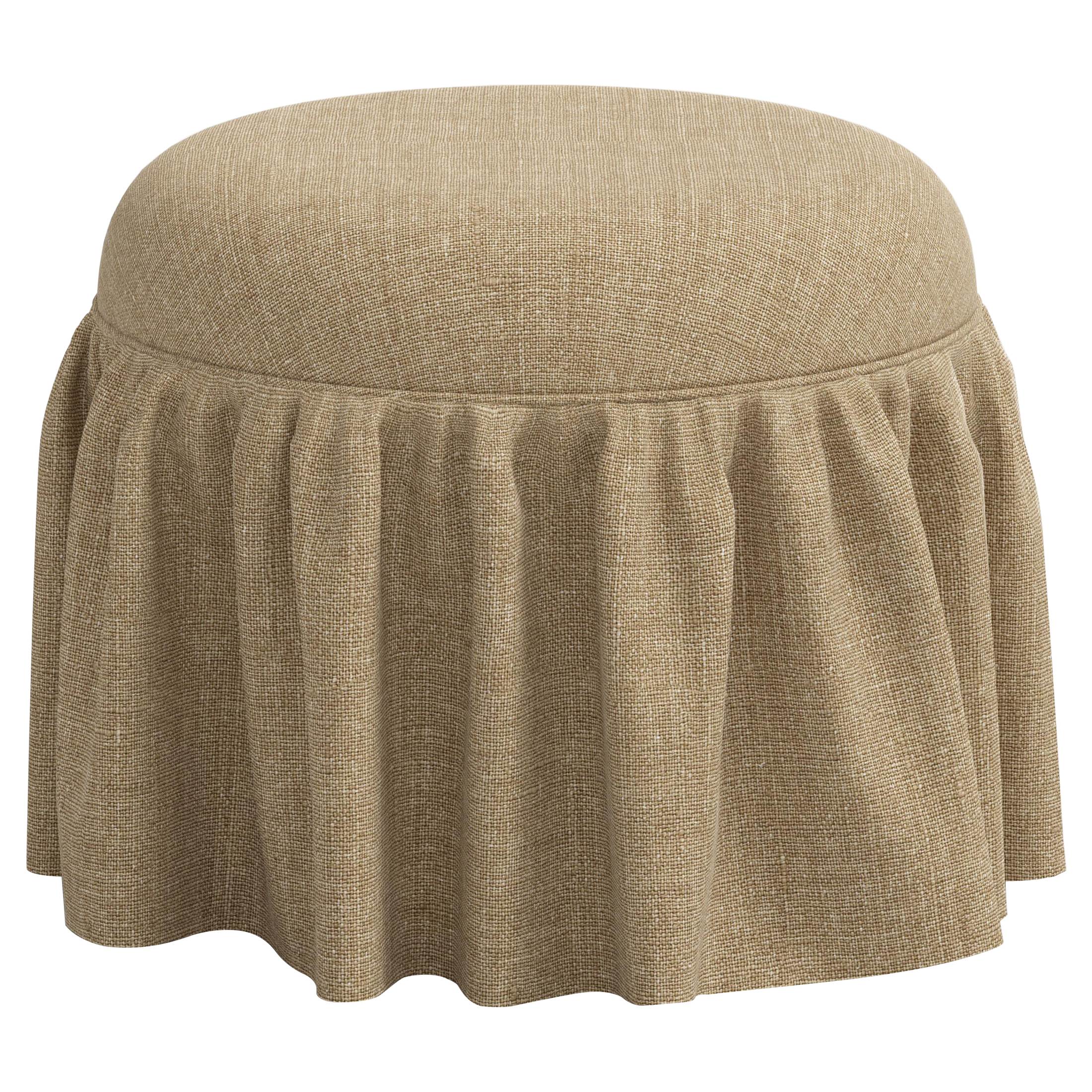 round ruffled ottoman with linen upholstery