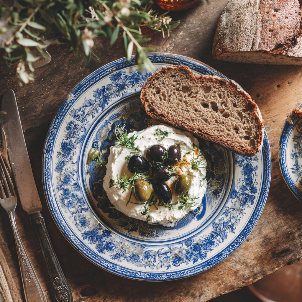 Blue and white plate on a rustic brown wood dining table, with fresh bread, cheese, and olives