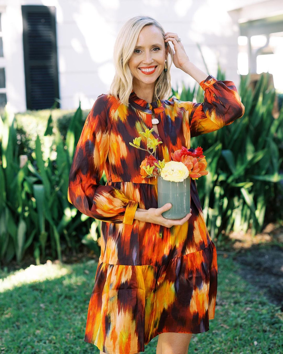 woman in orange dress
