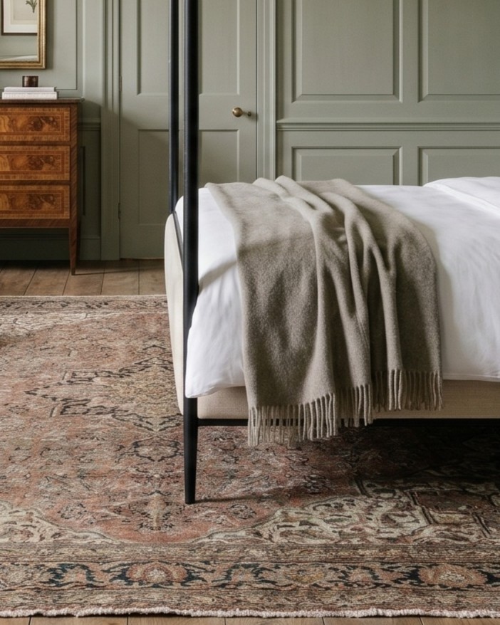 throw blanket with fringe at the end of a canopy bed