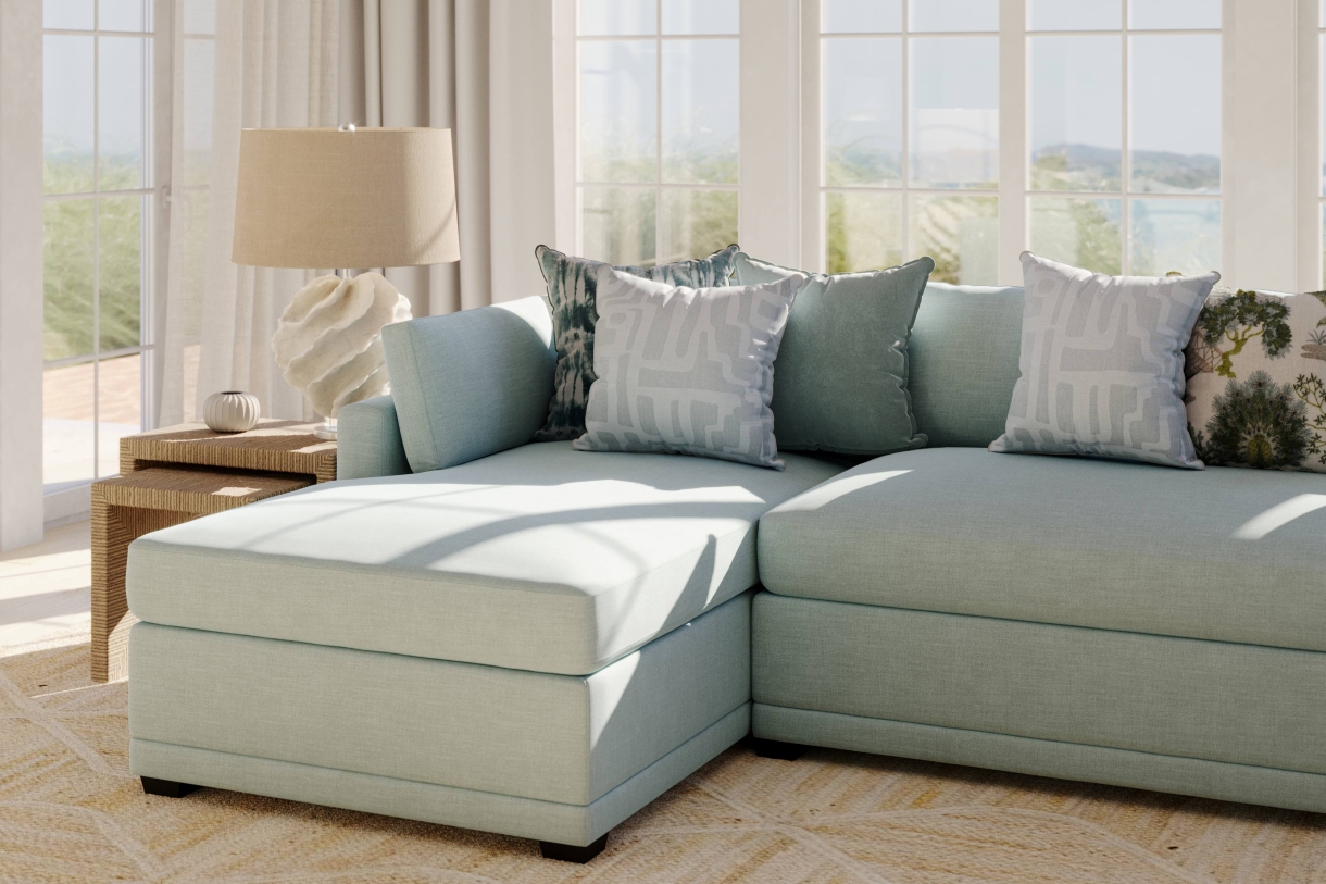 Weybridge chaise custom sectional with sea mint blue fabric
