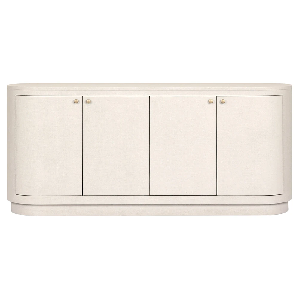 white linen oval media cabinet