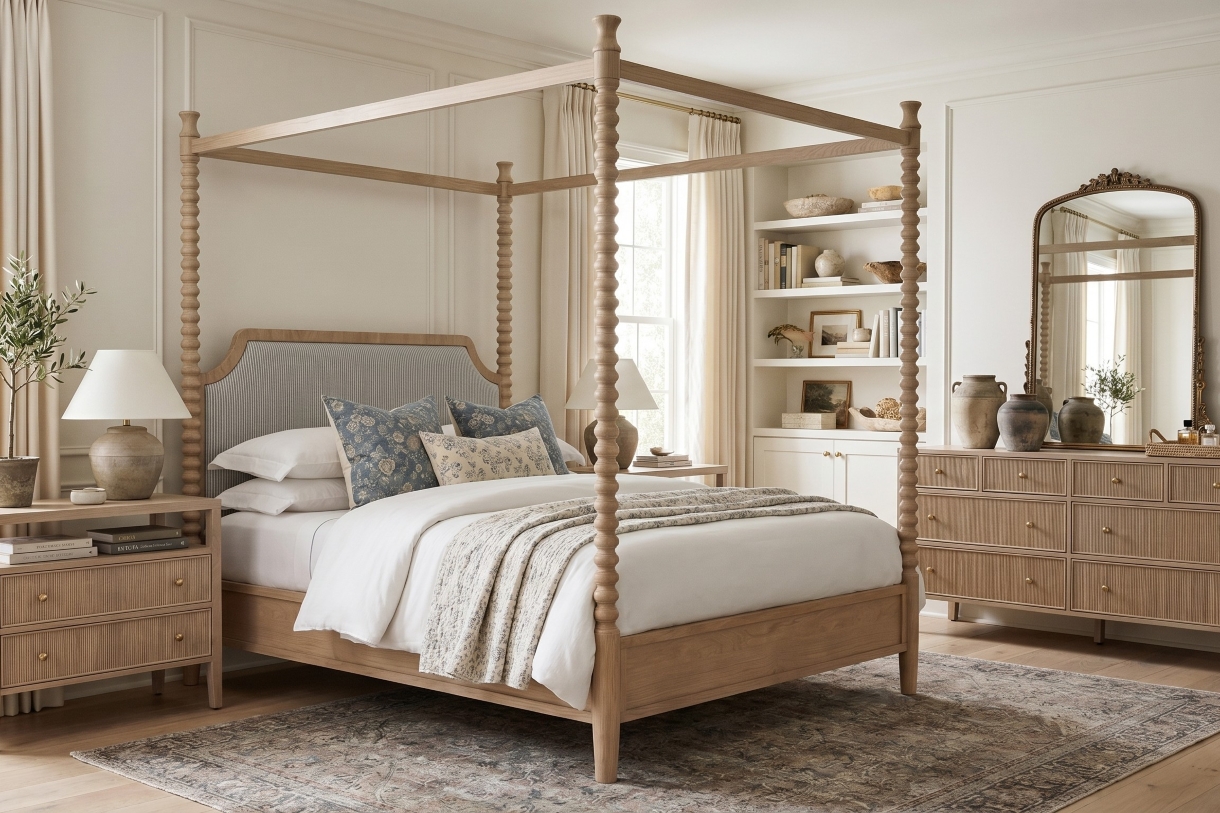 wooden spindle canopy bed with striped upholstered headboard in a transitional bedroom with a patterned rug and fluted wood dresser