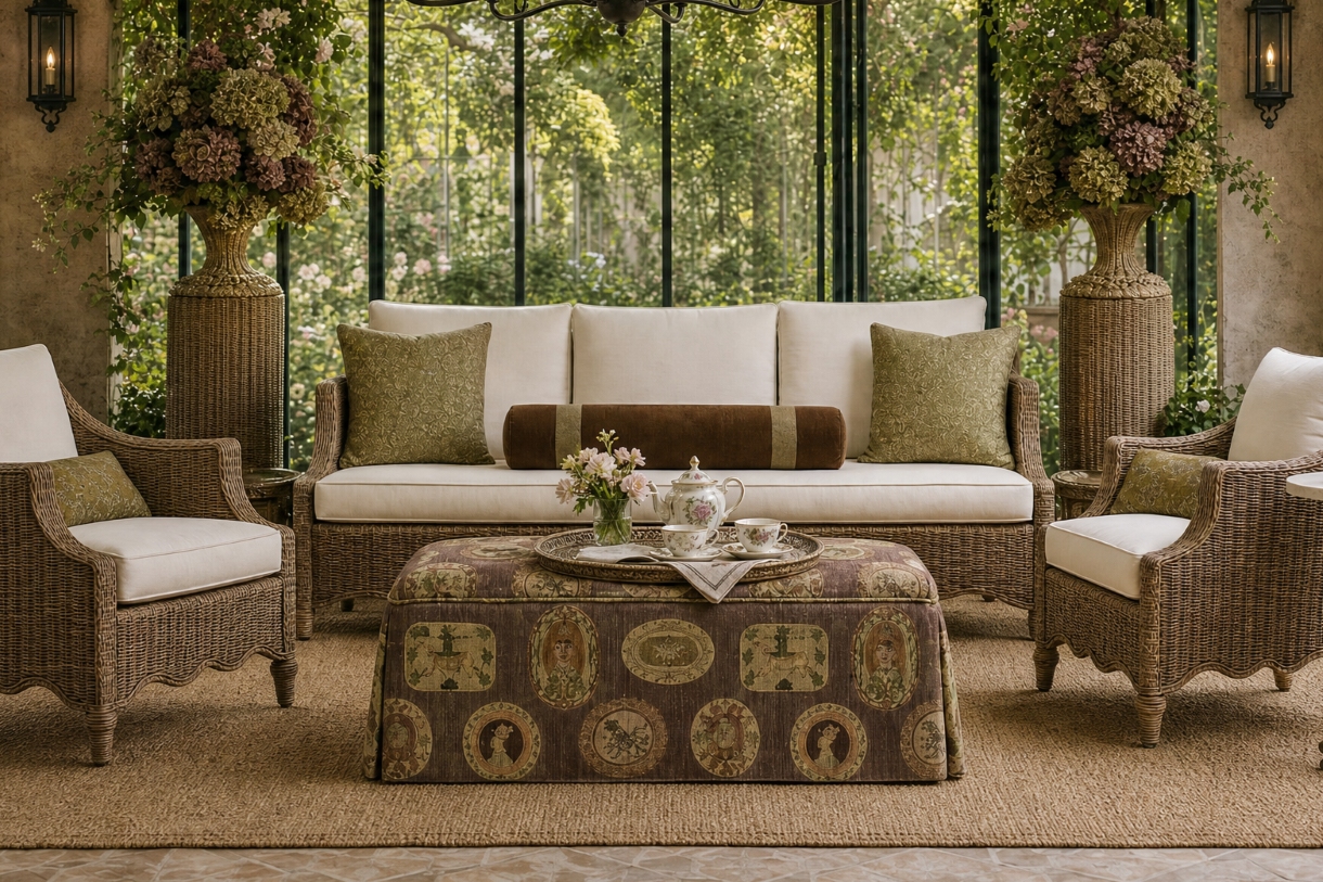 covered outdoor living area with a lounge set, throw pillows, and a long bolster pillow