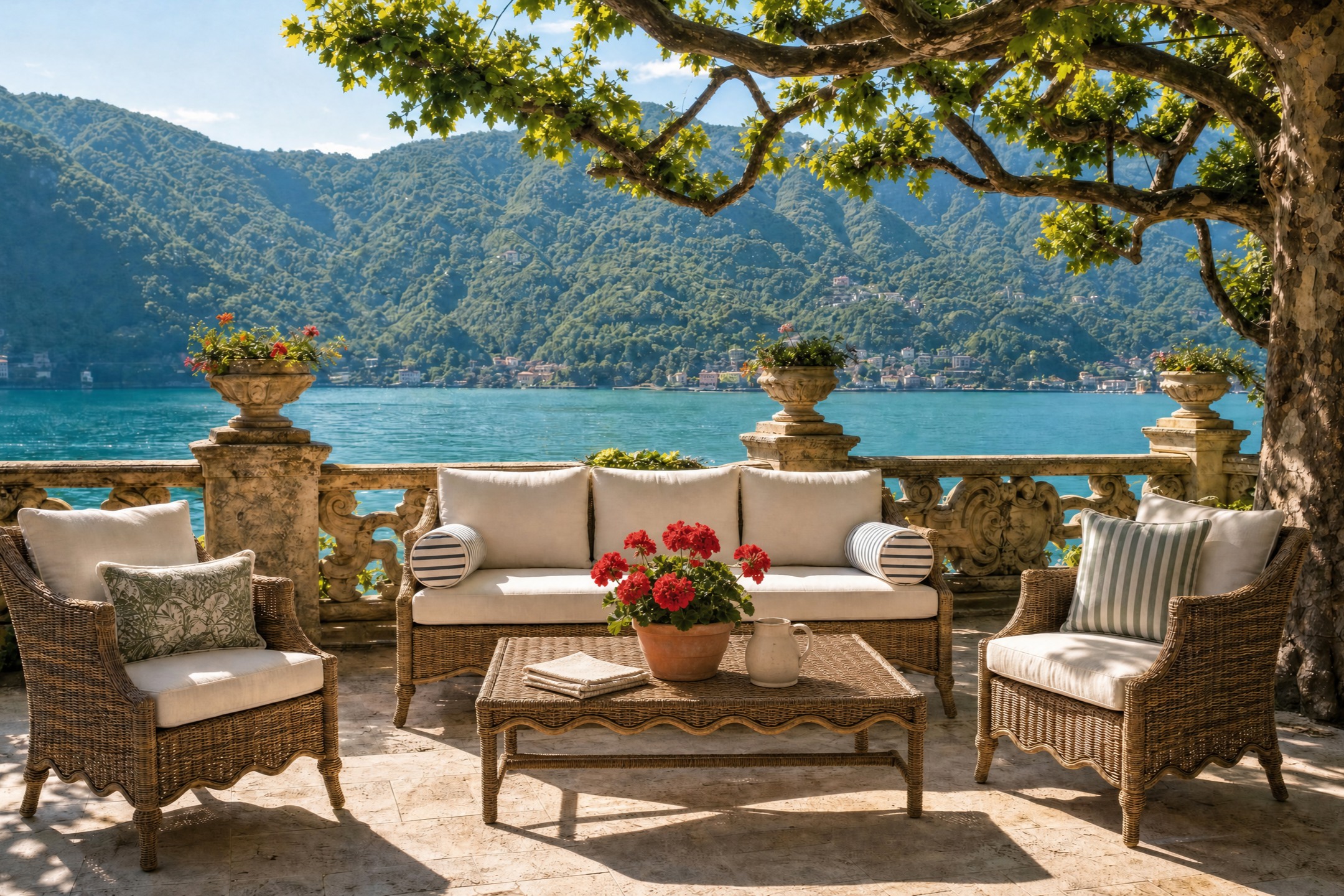 Lake Como terrace with wicker chairs, sofa, and coffee table