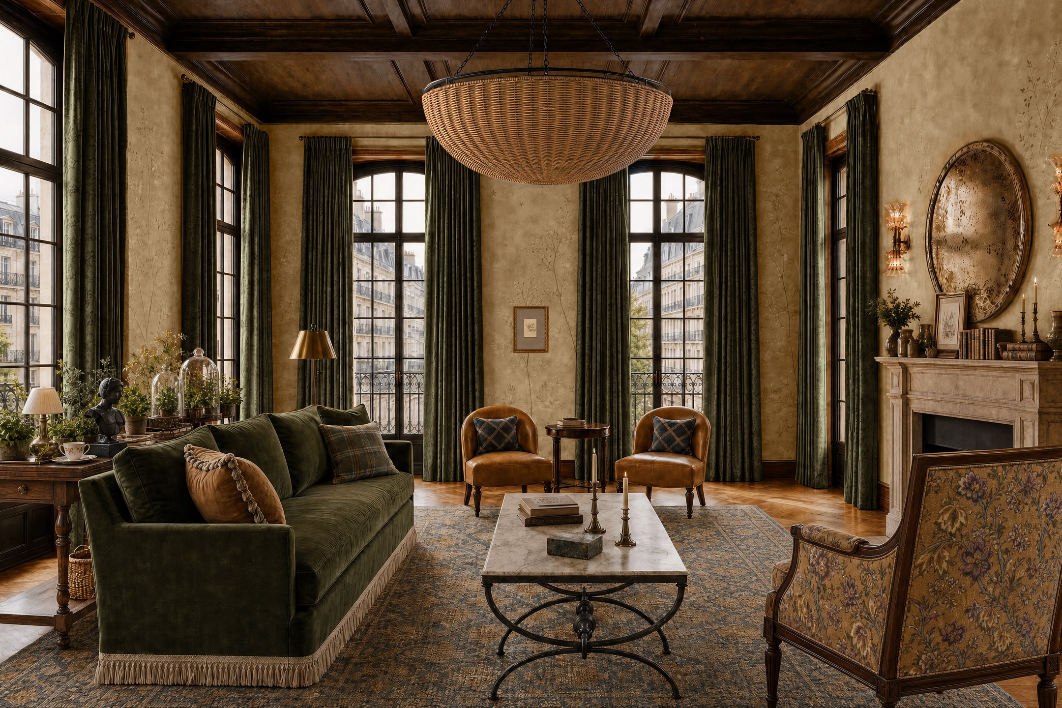 Living room with couch with fringe, bergere chair, and marble coffee table