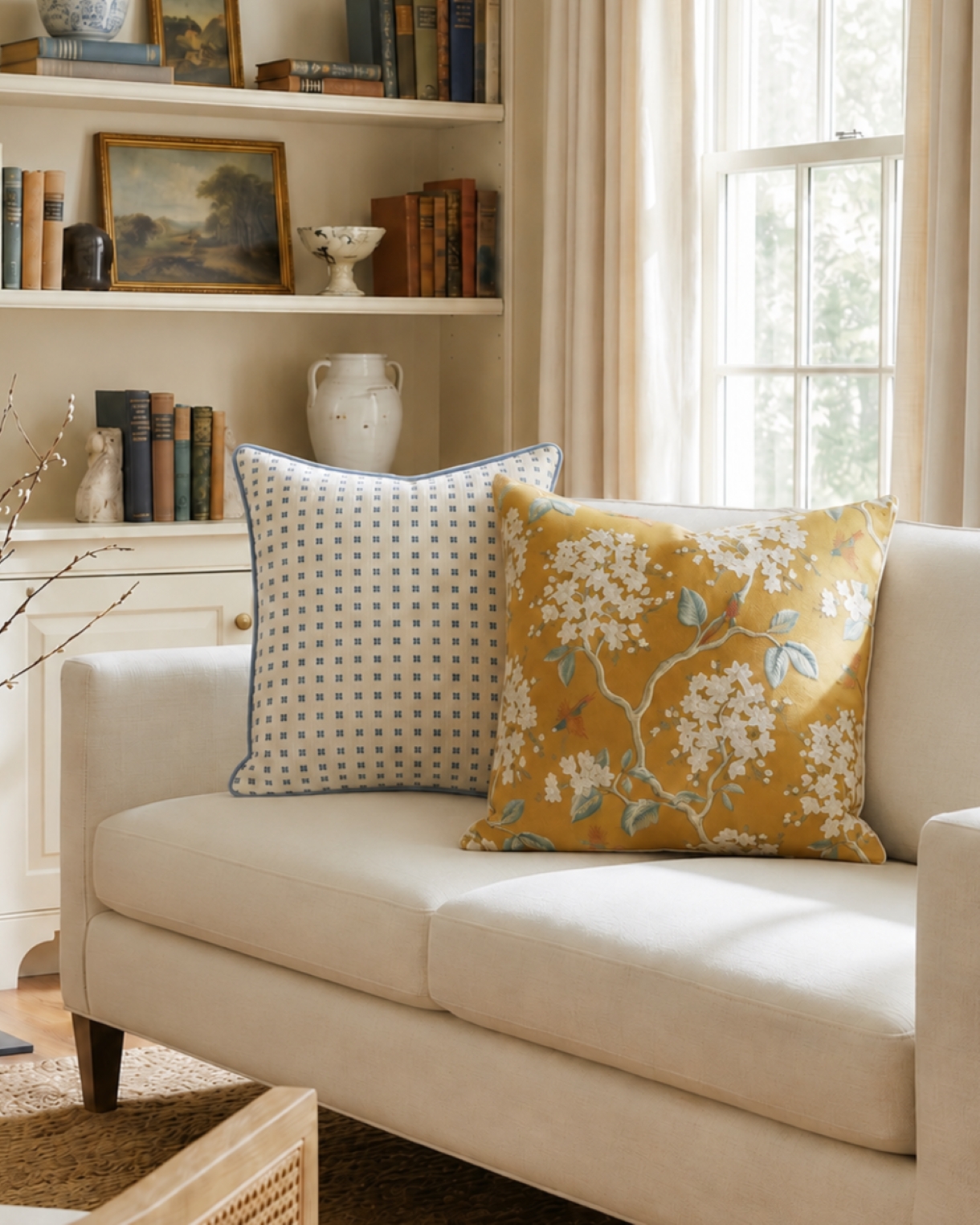 patterned throw pillows on a white loveseat