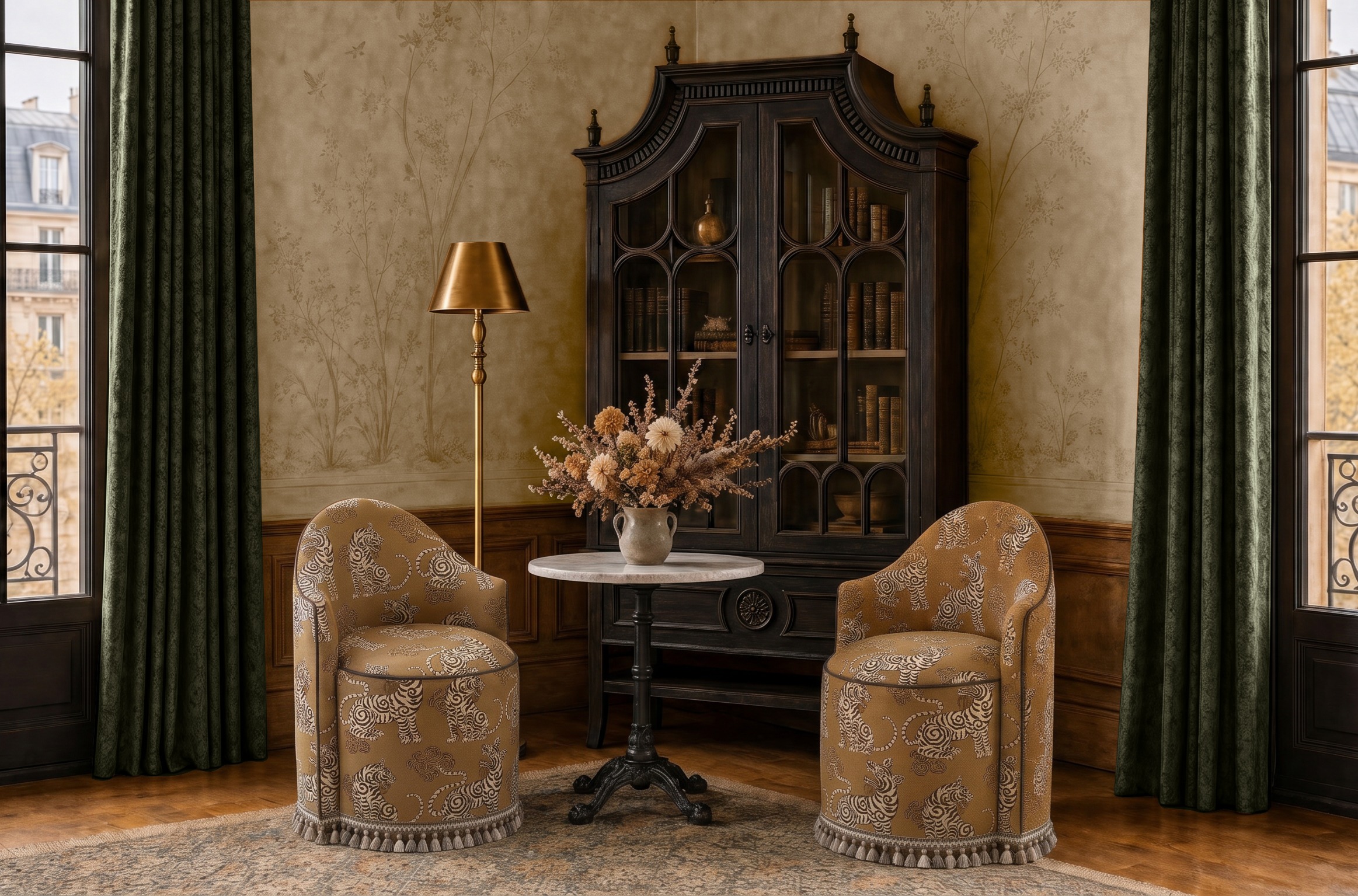 Set of tiger print barrel chairs with a marble and iron bistro table and a black display cabinet