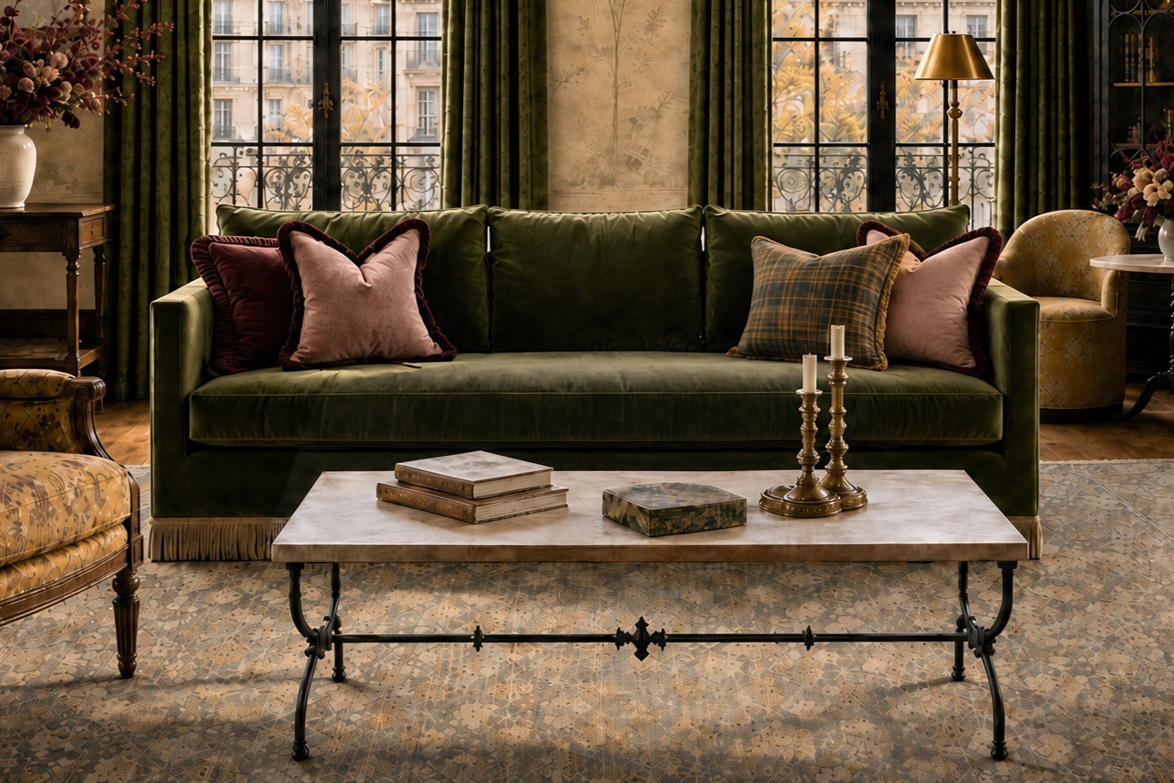 Velvet sofa with fringe and layered throw pillows in a cozy living room