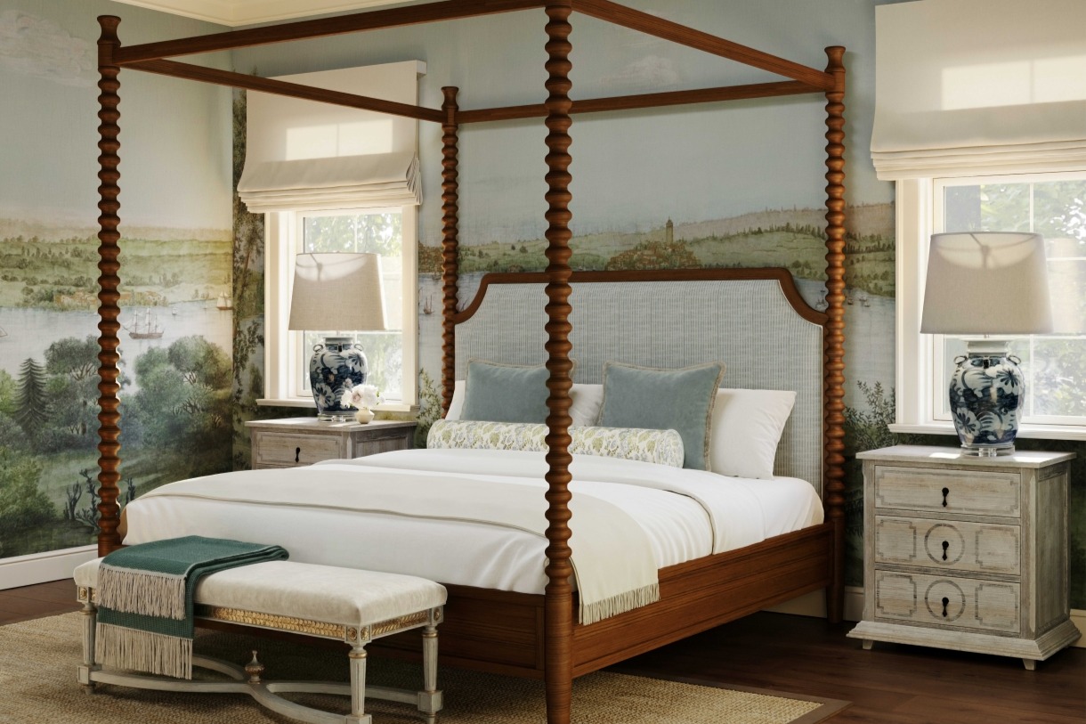 velvet throw pillows and a long bolster pillow on a canopy bed in a primary bedroom