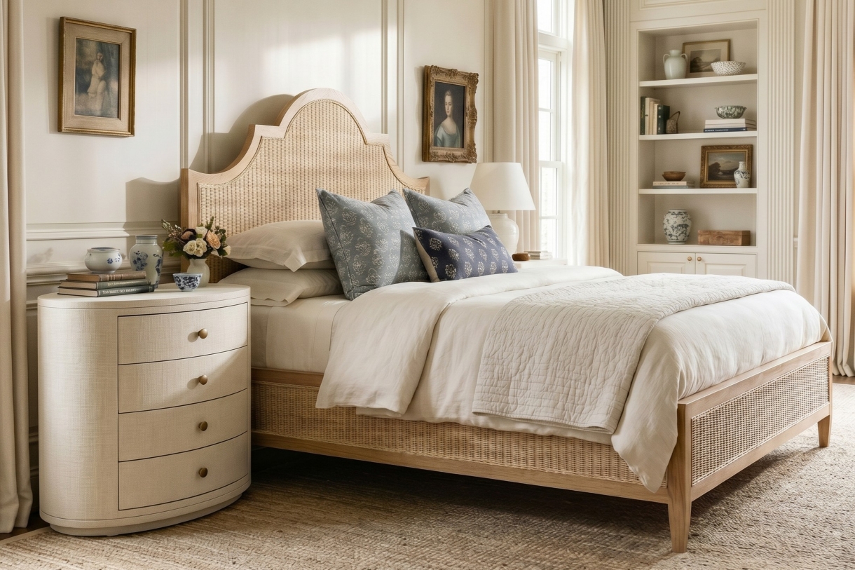 wooden bed and nighstand with layered block print throw pillows