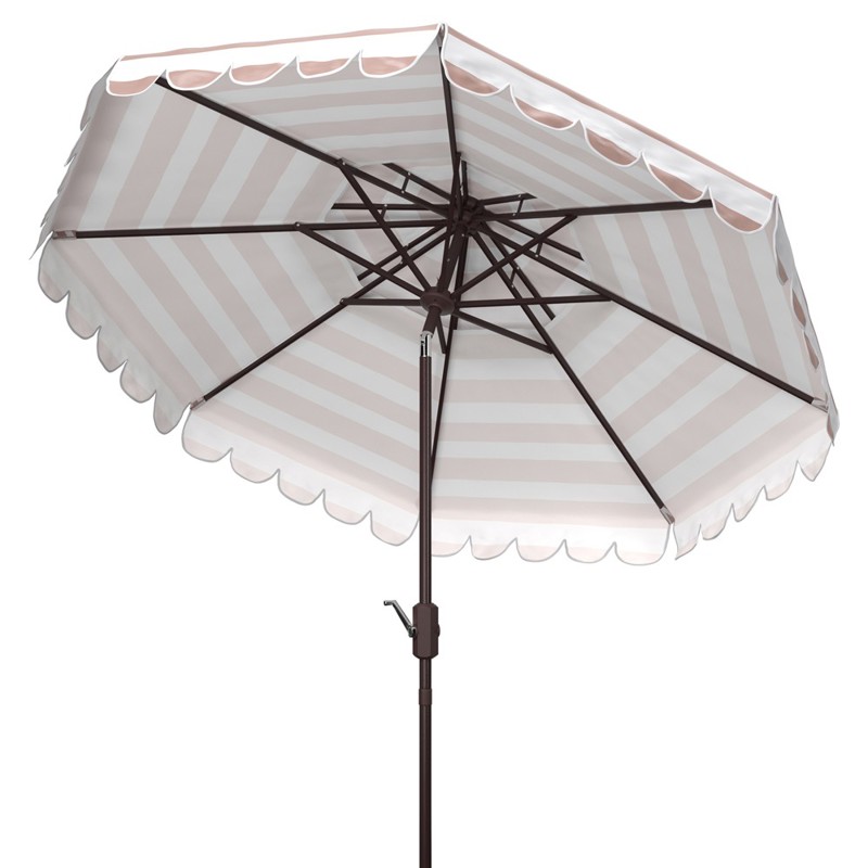 beige and black scalloped patio umbrella Safavieh 9' UV-Resistant Elegant Valance Auto Tilt tilt mechanism Tempera 9ft Scalloped Patio Umbrellas
