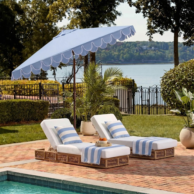 blue patterned patio umbrella Outsunny 8.6FT Umbrella, UPF 30+ Outdoor Market Umbrella, 2-Tier Vented Patio Table with Crank 8 Ribs, Tiltable Porch Umbrella for Not IncludedMade from polyester. HD Designs Striped Patio Umbrella