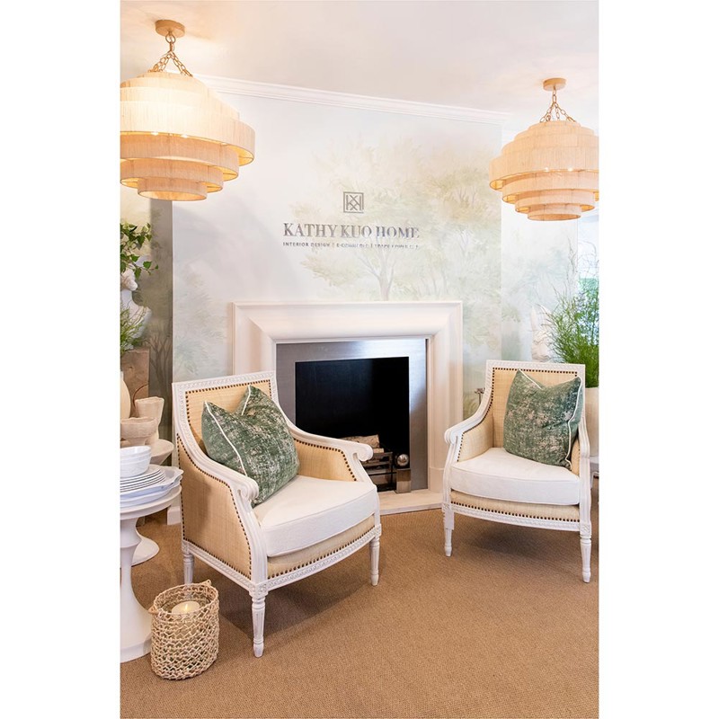Hanna French Antique White Raffia Nailhead Trim Arm Chair