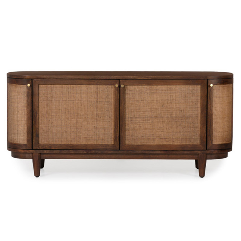 Daphne Mid Century Dark Acacia Wood Woven Cane Rattan 4 Door Media