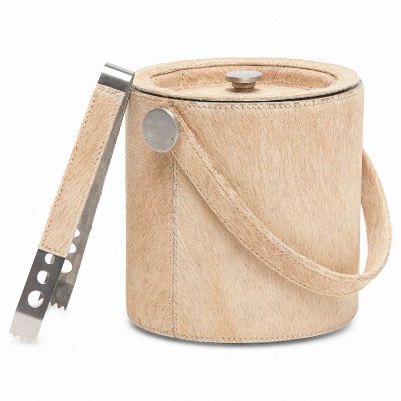 Browmley Rustic Lodge Beige Hair on Hide Ice Bucket with Tong