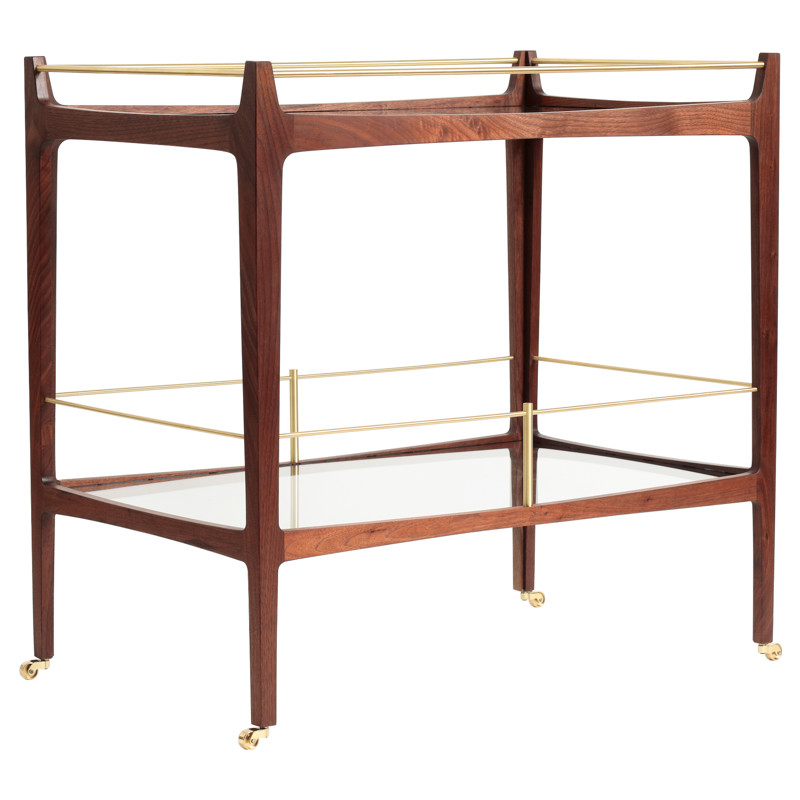 Daniel Rickey Mid Century Brown Wood Clear Glass Brass Accent Bar Cart
