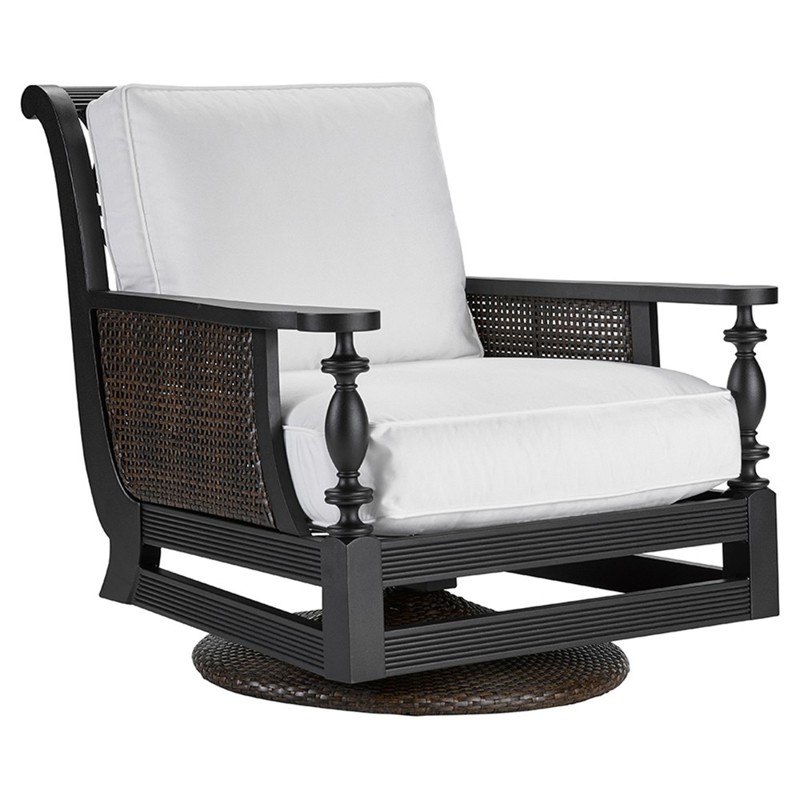 Hermine French Country Black Aluminum White Upholstered Outdoor Swivel Chair
