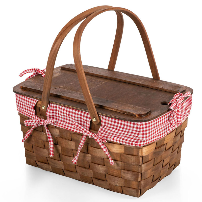 Roberto French Country Brown Wood Red Plaid Picnic Basket