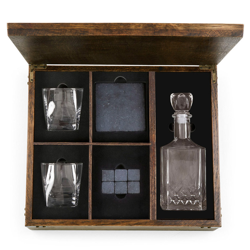 Michael Modern Classic Brown Oak Wood Whiskey Box with Decanter Gift Set