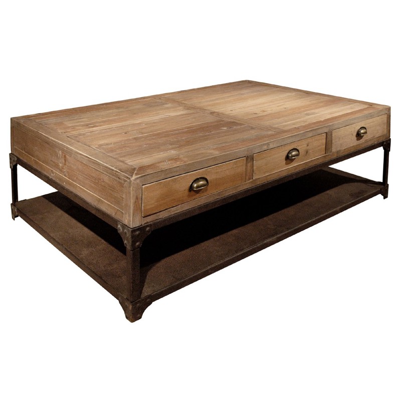Luca Industrial Reclaimed Wood Rustic Iron 3 Drawer Rectangular Coffee Table