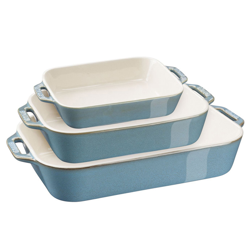 Staub Modern Classic Turquoise Blue Ceramic Rectangular 3 Piece Baking Dish Set