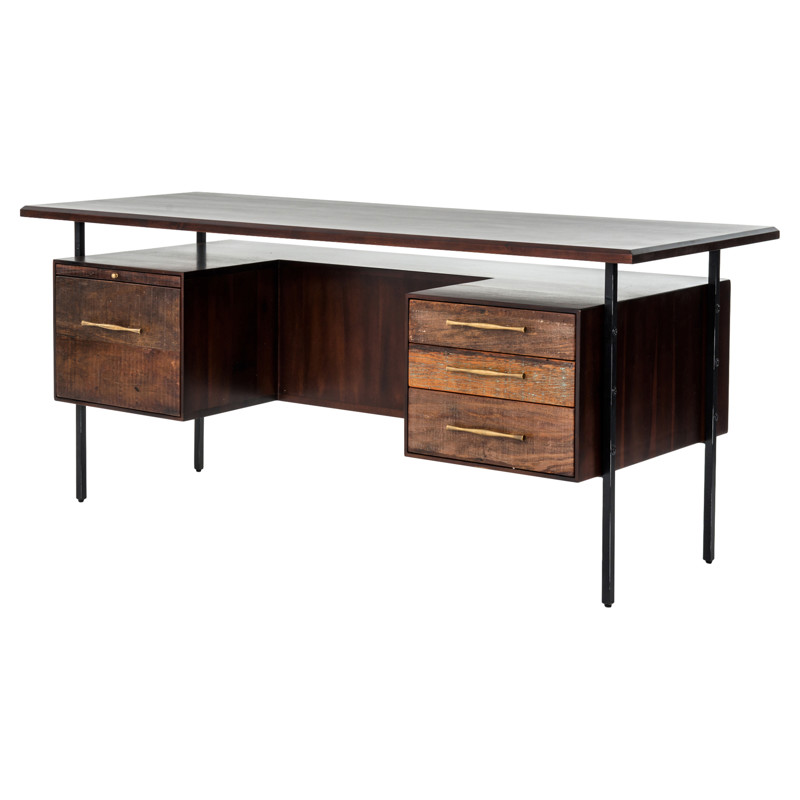 Wayland Rustic Lodge Brown Oak Wood Black Steel 4 Drawer Desk