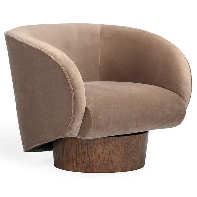 Hazel Modern Classic Brown Velvet Upholstered Oak Wood Swivel Club Chair
