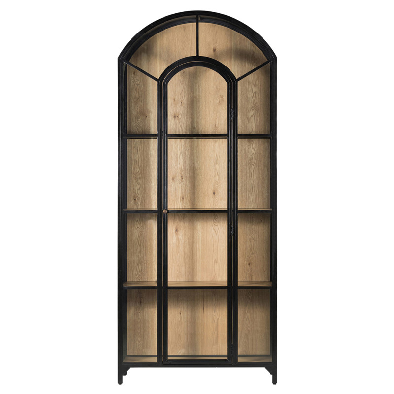Stancil Industrial Brown Oak Wood Black Iron Clear Glass Door Arch Display Case