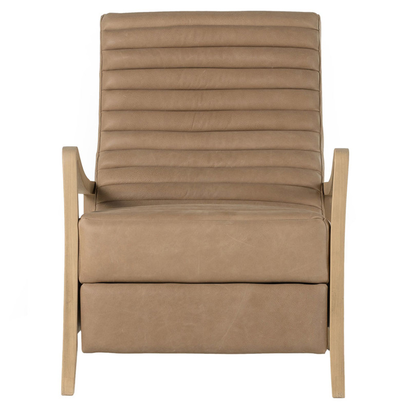 Amani Mid Century Nude Beige Leather Wood Frame Recliner Chair