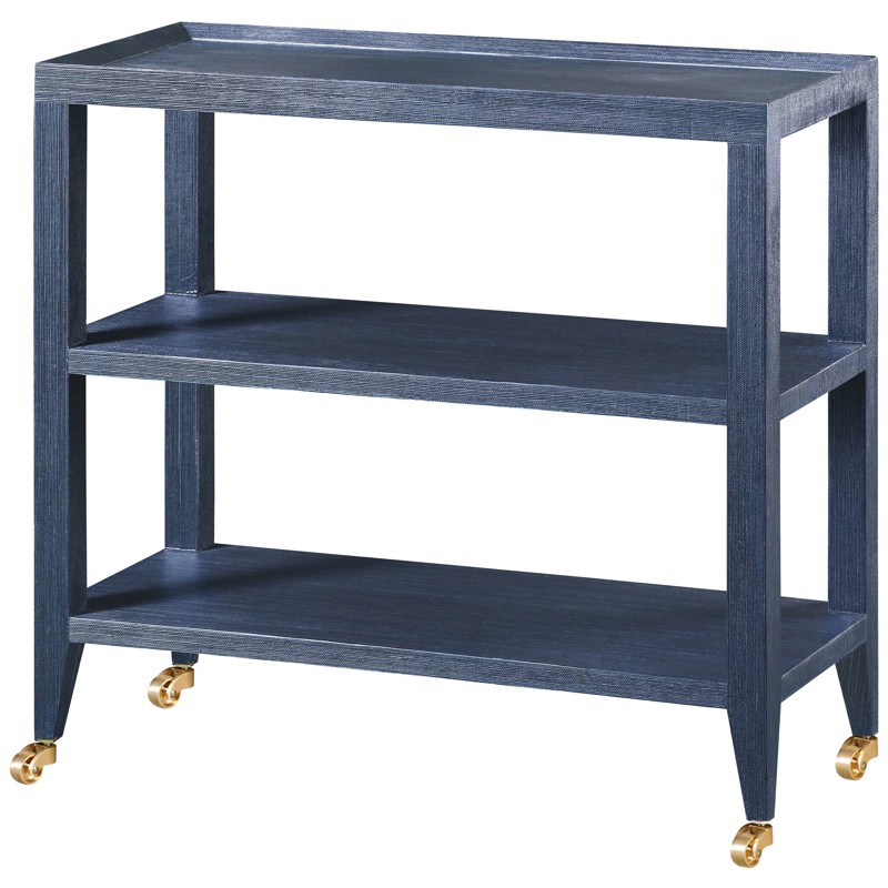 Isadora Navy Blue Grasscloth Brass Casters 3 Tier Rolling Console