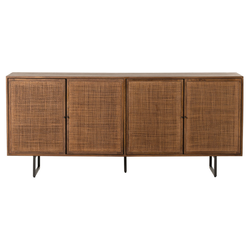 Emilie Coastal Beach Brown Mango Wood Black Iron Woven Cane 4 Door