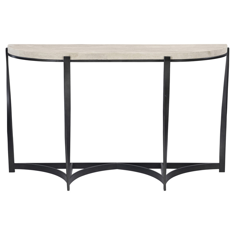 Brooks French Country Beige Stone Black Twisted Steel Demilune Console Table